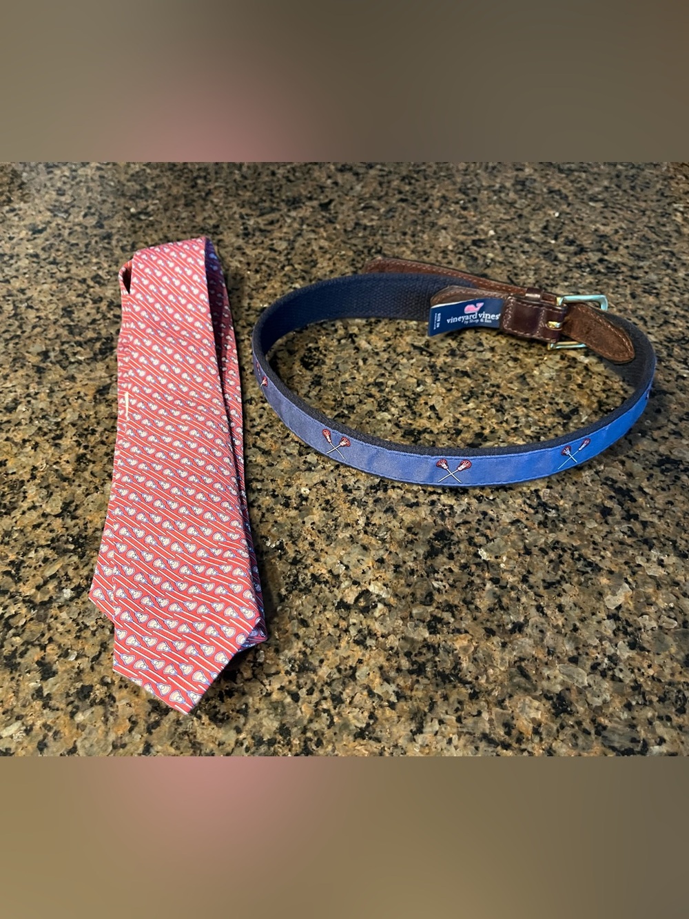 Vineyard Vines Youth Blue Lacrosse Belt and Red Lacrosse Tie Set
